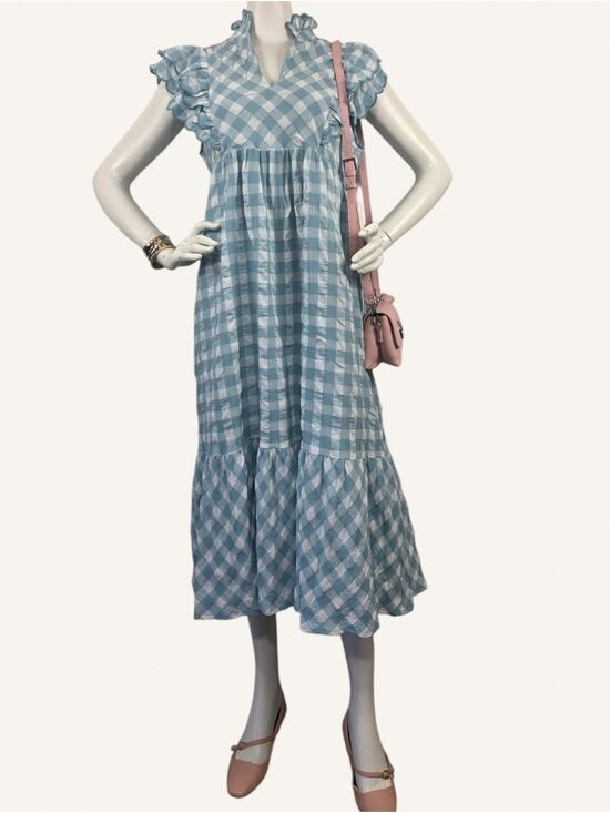 Umgee Dresses & Skirts - Umgee Blue Gingham Ruffle Midi Dress Small NWT Cottagecore Balletcore